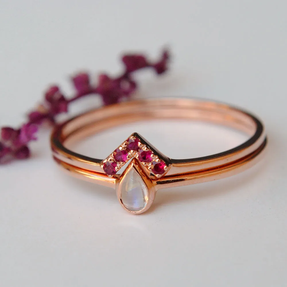 Pear Rainbow Moonstone and Ruby Chevron Wedding Ring Set