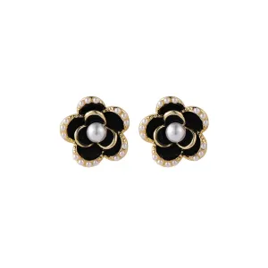 Pearl & Black Enamel 18k Gold-Plated Flower Stud Earrings