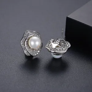 Pearl & Cubic Zirconia Silver-Plated Blossom Stud Earrings