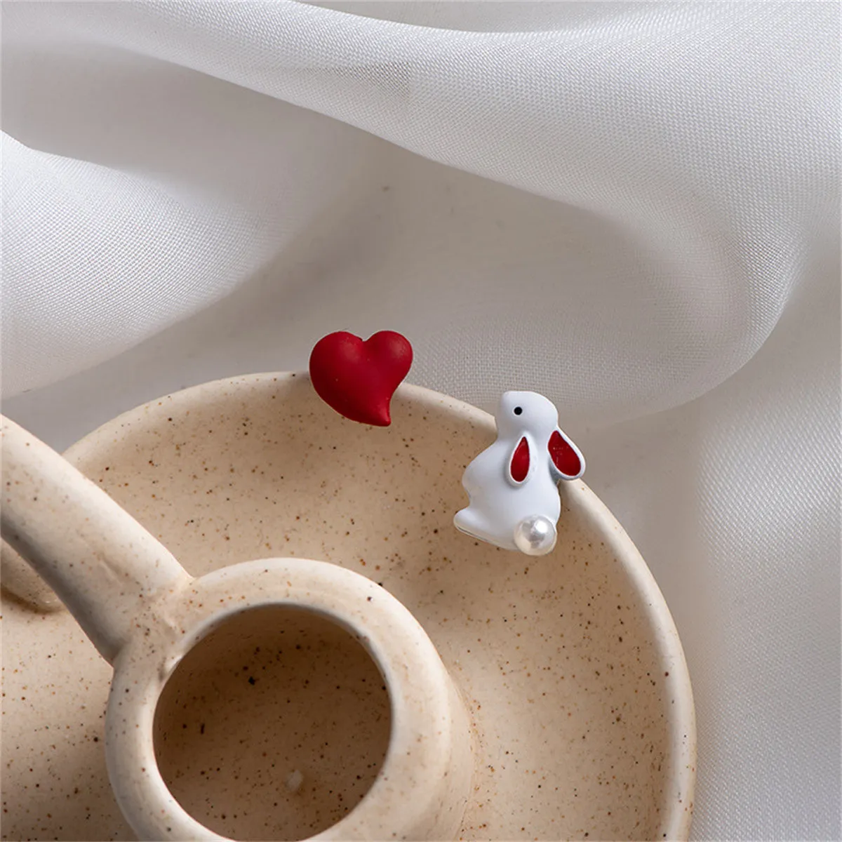 Pearl & Enamel Rabbit Heart Stud Earrings