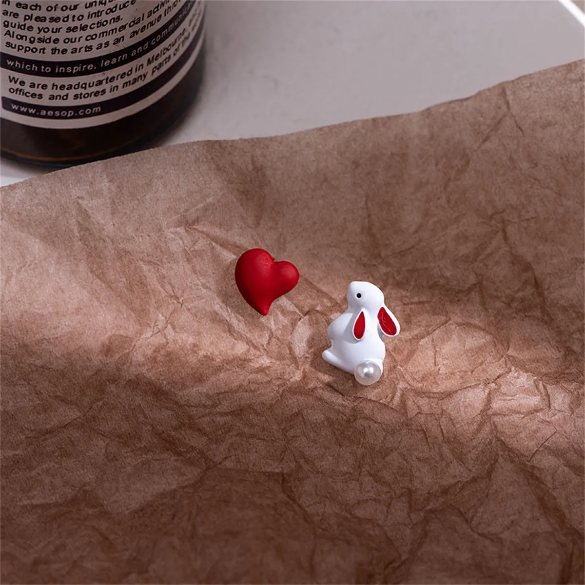 Pearl & Enamel Rabbit Heart Stud Earrings