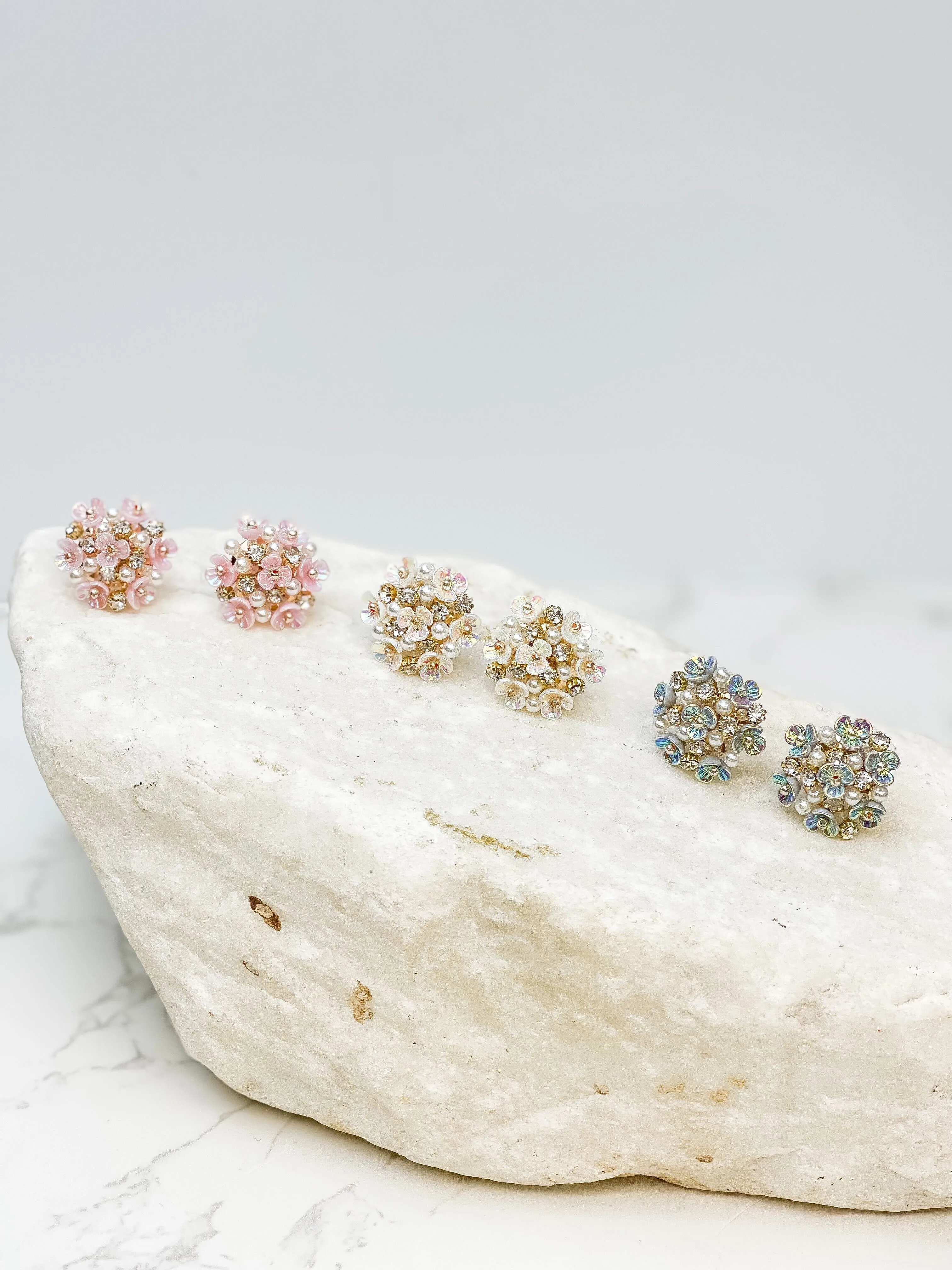 Pearl & Flower Cluster Post Earrings - Pink