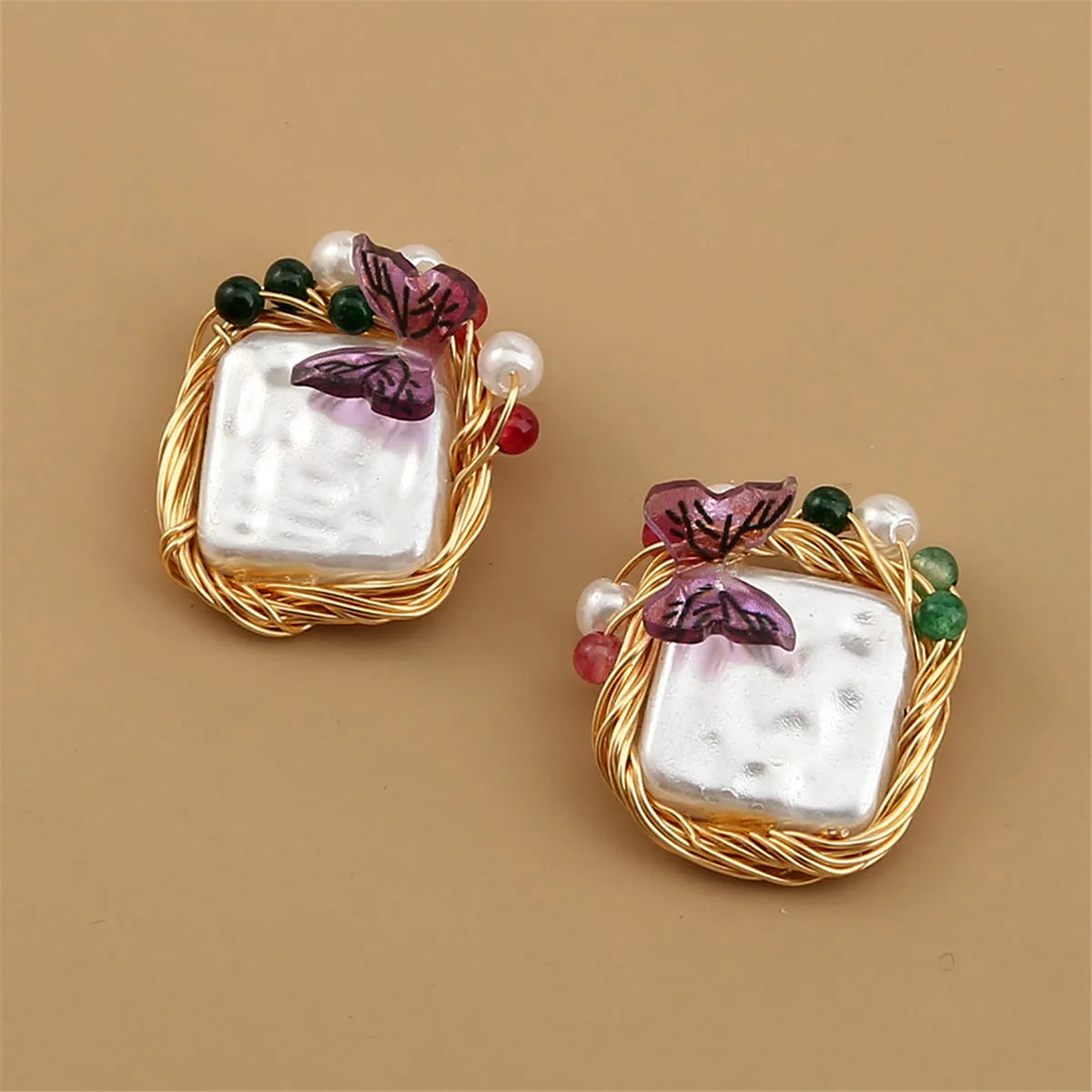 Pearl & Purple Butterfly Square Stud Earrings