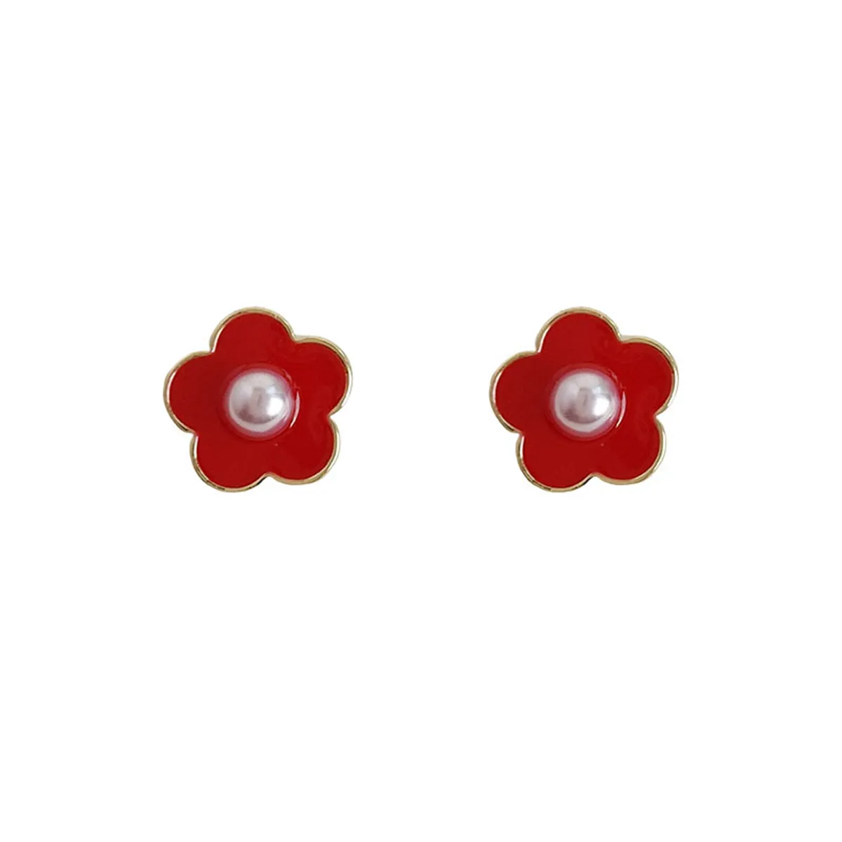 Pearl & Red Enamel Flower Stud Earrings