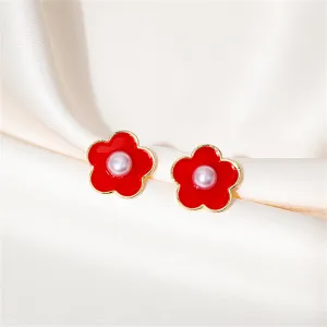 Pearl & Red Enamel Flower Stud Earrings
