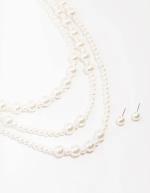 Pearl Beaded Layered Necklace & Stud Earring Set