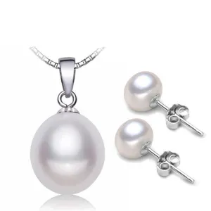 Pearl Jewelry Sets 925 Silver Freshwater Pearl Pendant Necklace with Studs Earrings Whole Set Fine Jewelry White Color