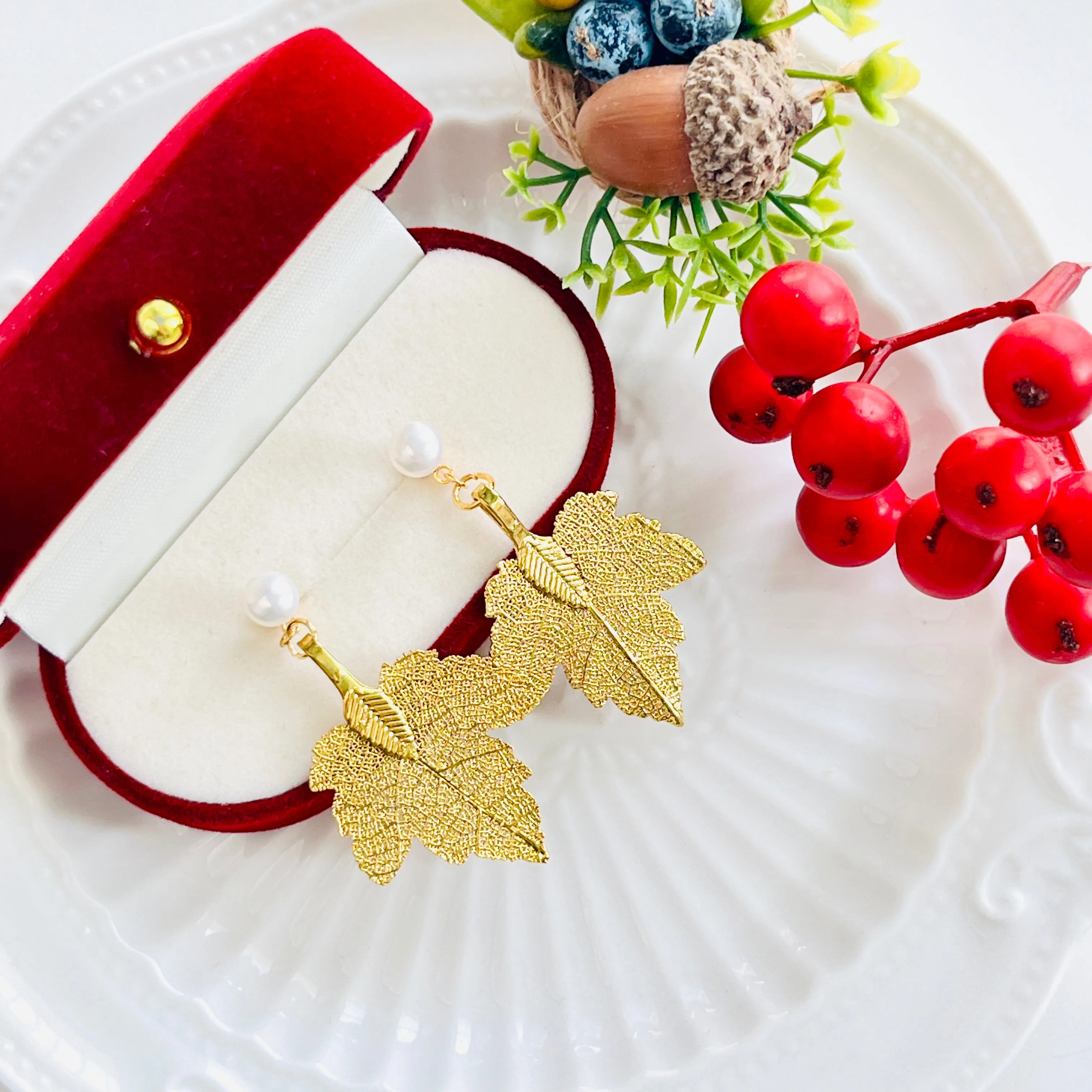 Pearl Maple Leaf Drop Earrings