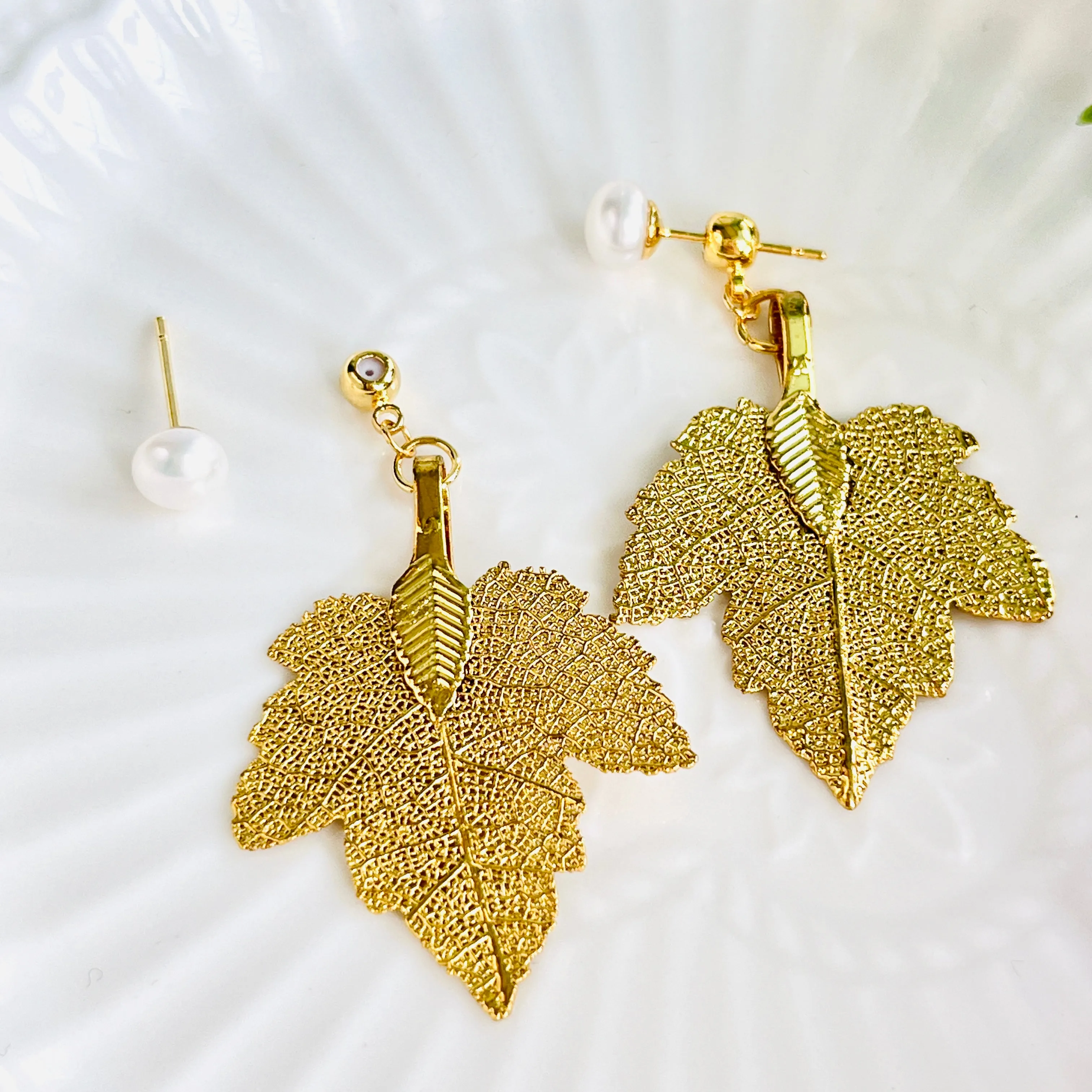 Pearl Maple Leaf Drop Earrings