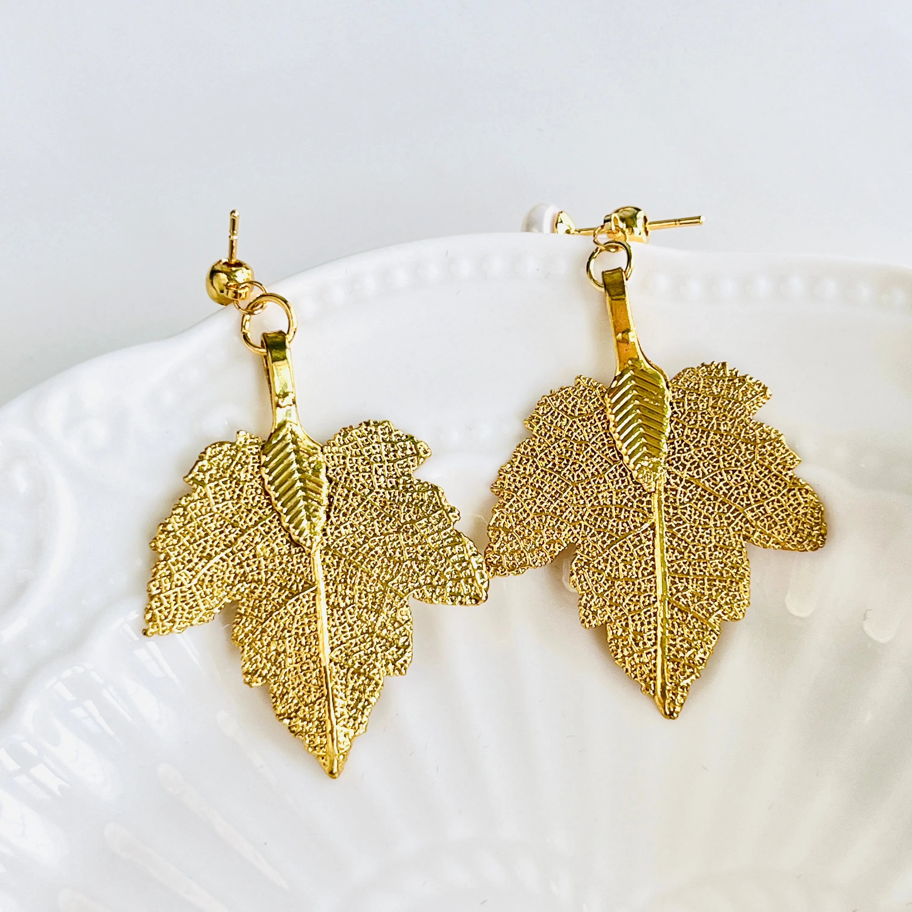 Pearl Maple Leaf Drop Earrings
