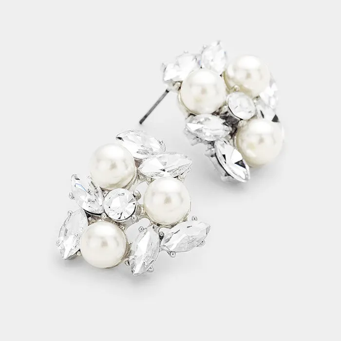 Pearl Oval Crystal Cluster Stud Earrings | 366827