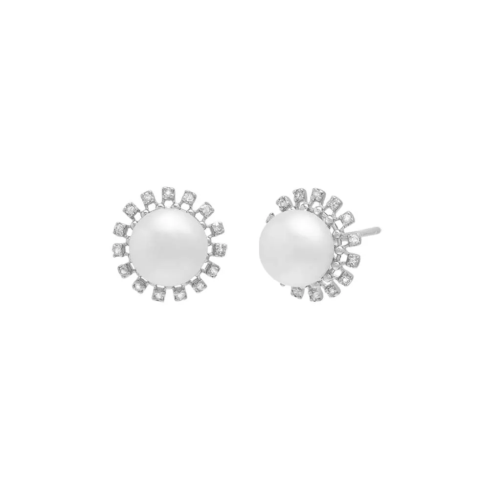 Pearl X Diamond Multi Prong Stud Earring 14K