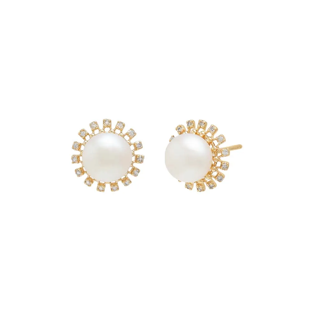 Pearl X Diamond Multi Prong Stud Earring 14K