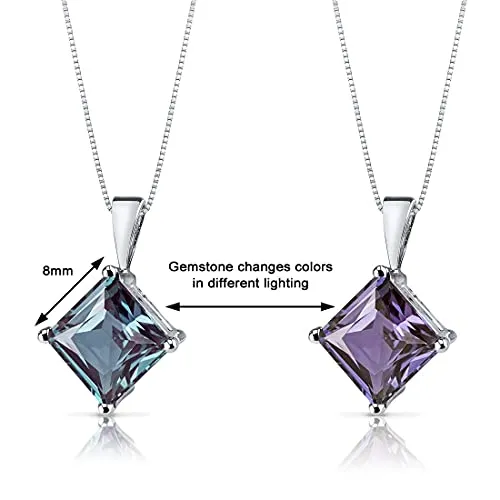 Peora Created Alexandrite Pendant in 14 Karat White Gold, Classic Solitaire, Princess Cut, 8mm, 3 Carats total