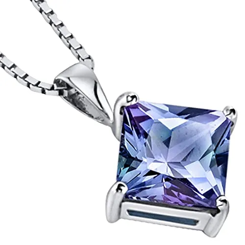 Peora Created Alexandrite Pendant in 14 Karat White Gold, Classic Solitaire, Princess Cut, 8mm, 3 Carats total