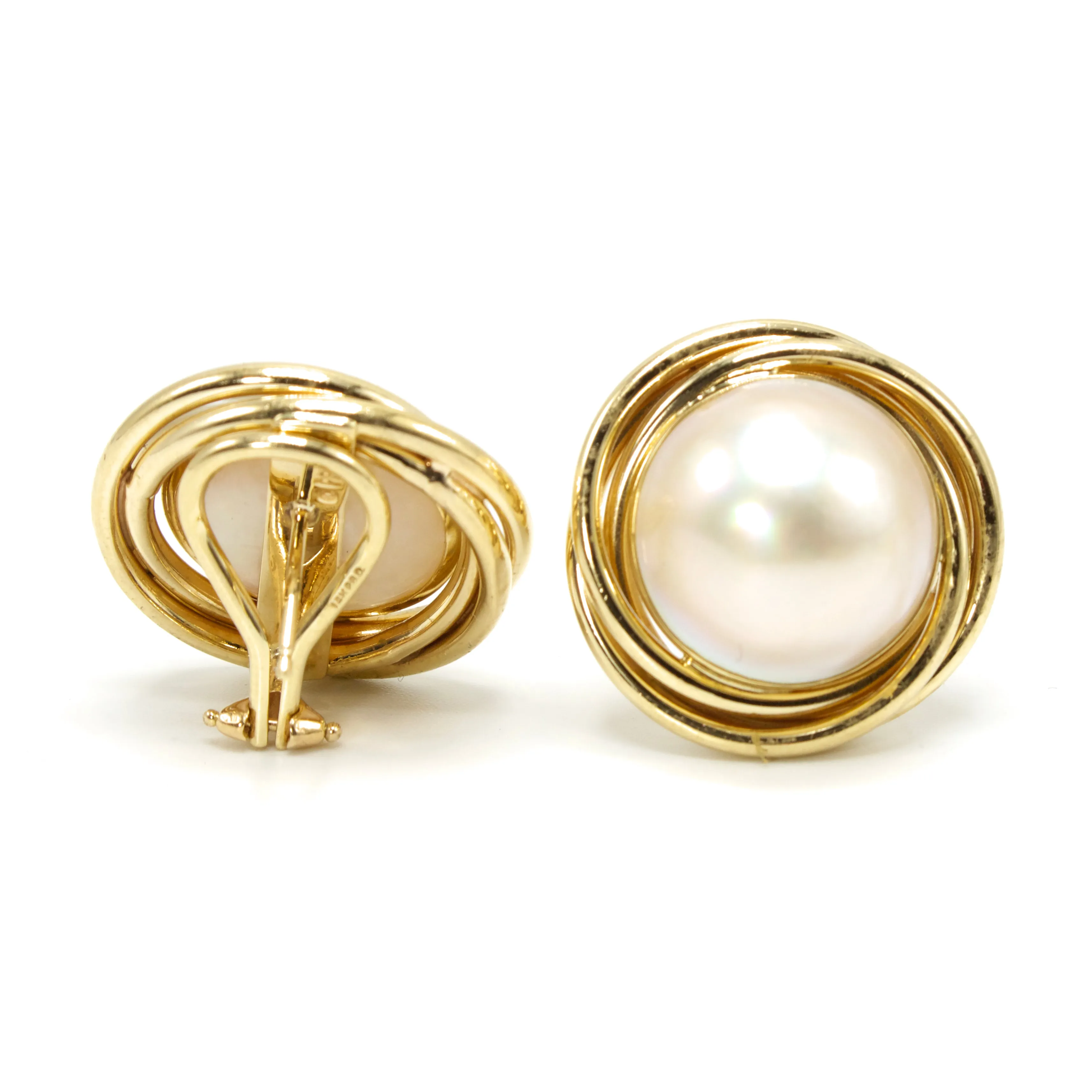 Peter Brams Designer Mabe Pearl and Yellow Gold Omega Back Stud Earrings