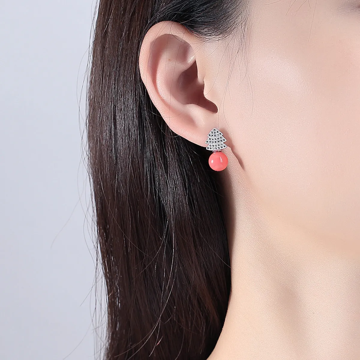 Pink Pearl & Cubic Zirconia Christmas Tree Stud Earrings