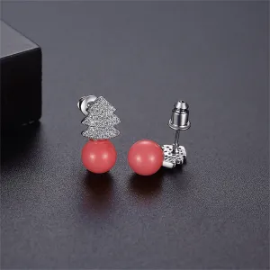 Pink Pearl & Cubic Zirconia Christmas Tree Stud Earrings
