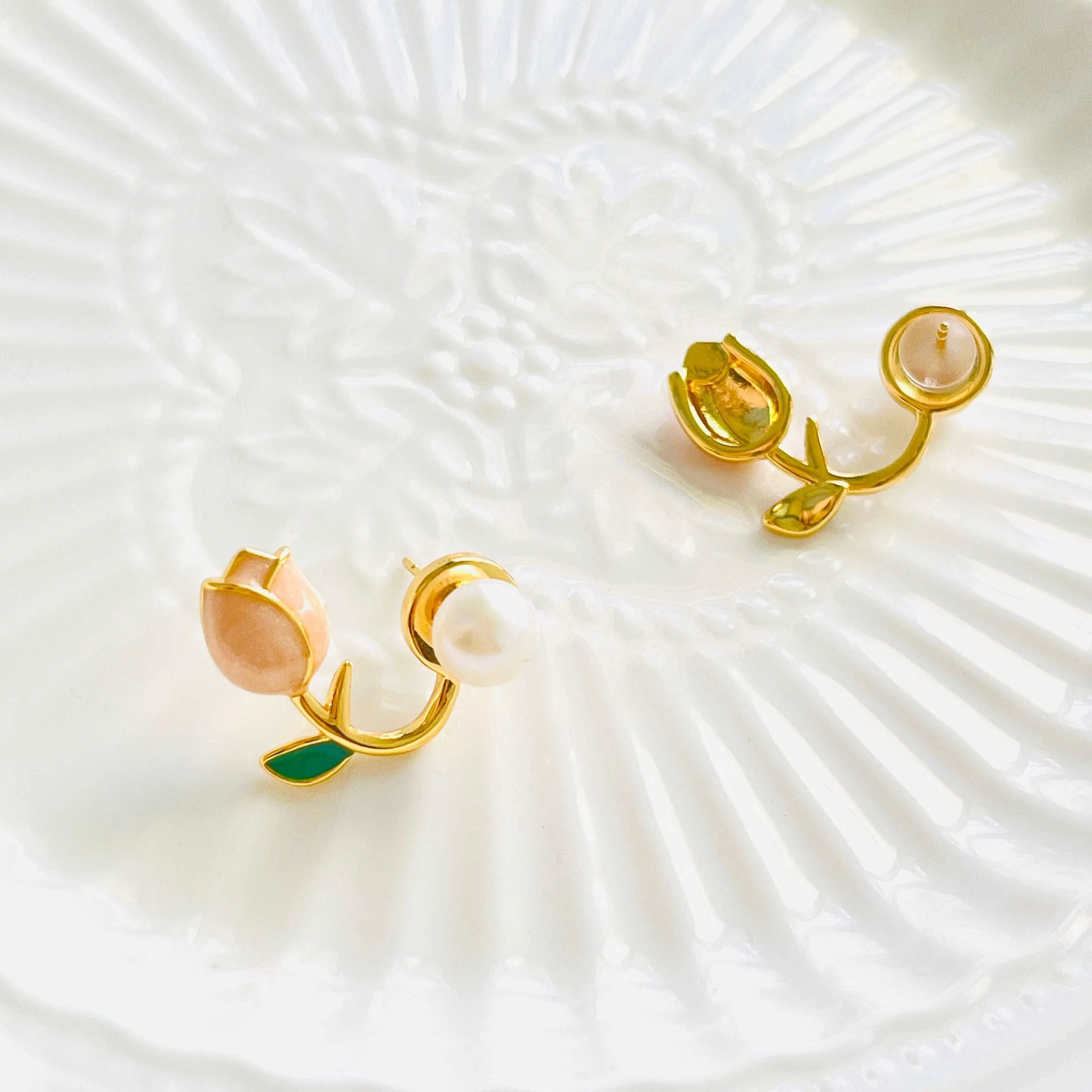 Pink Tulip Freshwater Pearl Stud Earrings