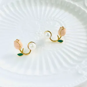 Pink Tulip Freshwater Pearl Stud Earrings