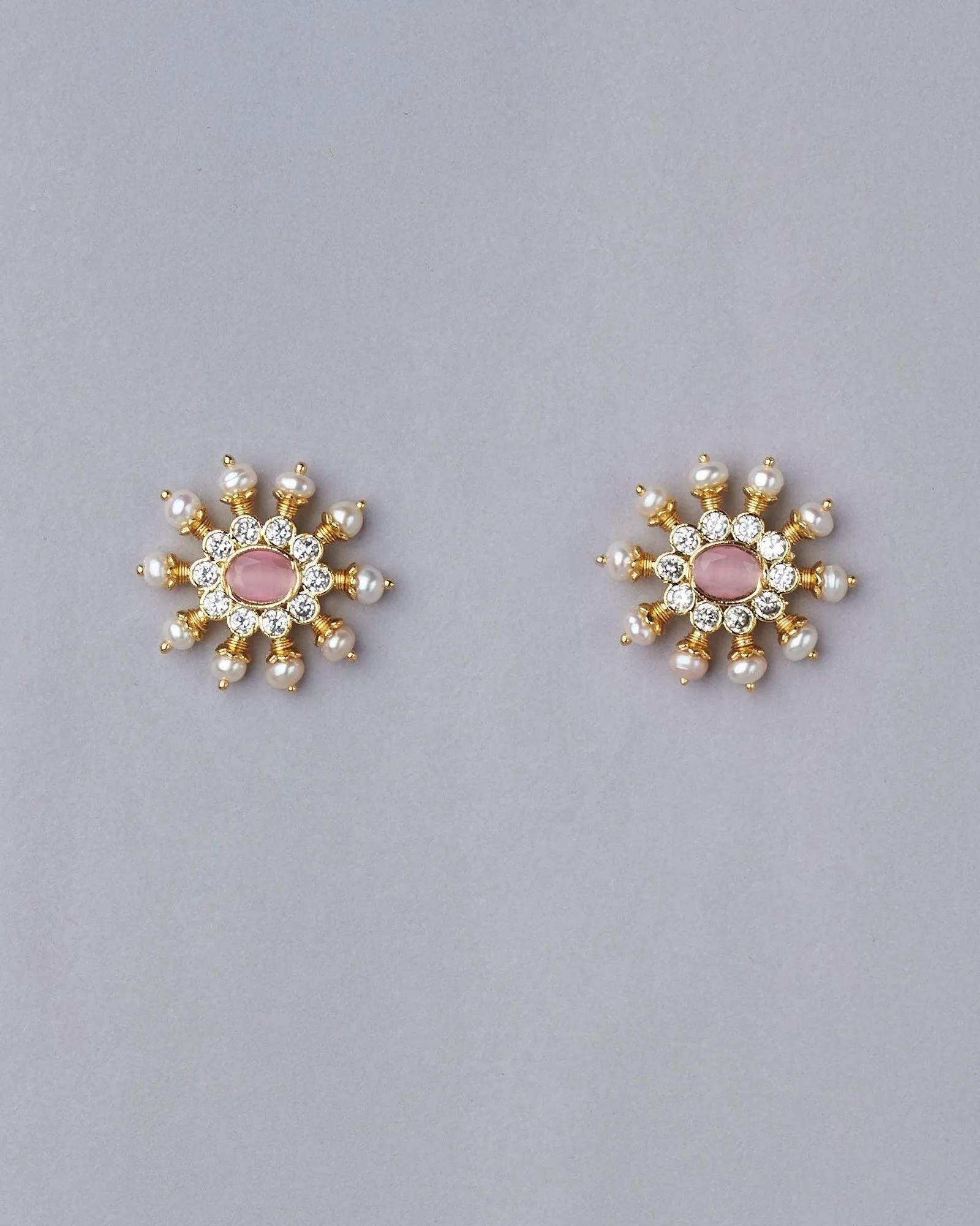 Pink White Sun Spokes Pearl Ear Studs