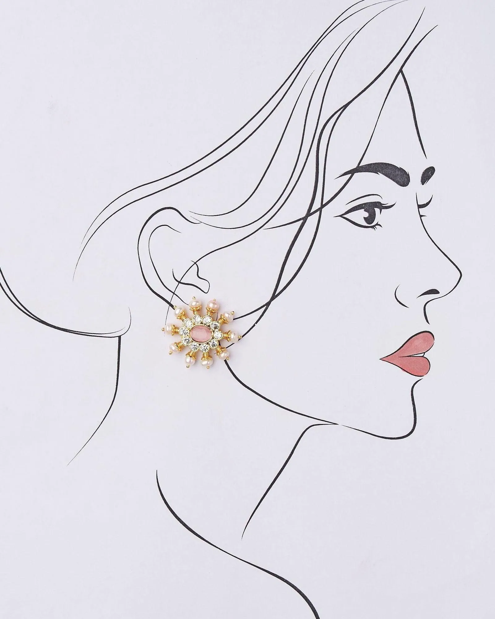 Pink White Sun Spokes Pearl Ear Studs