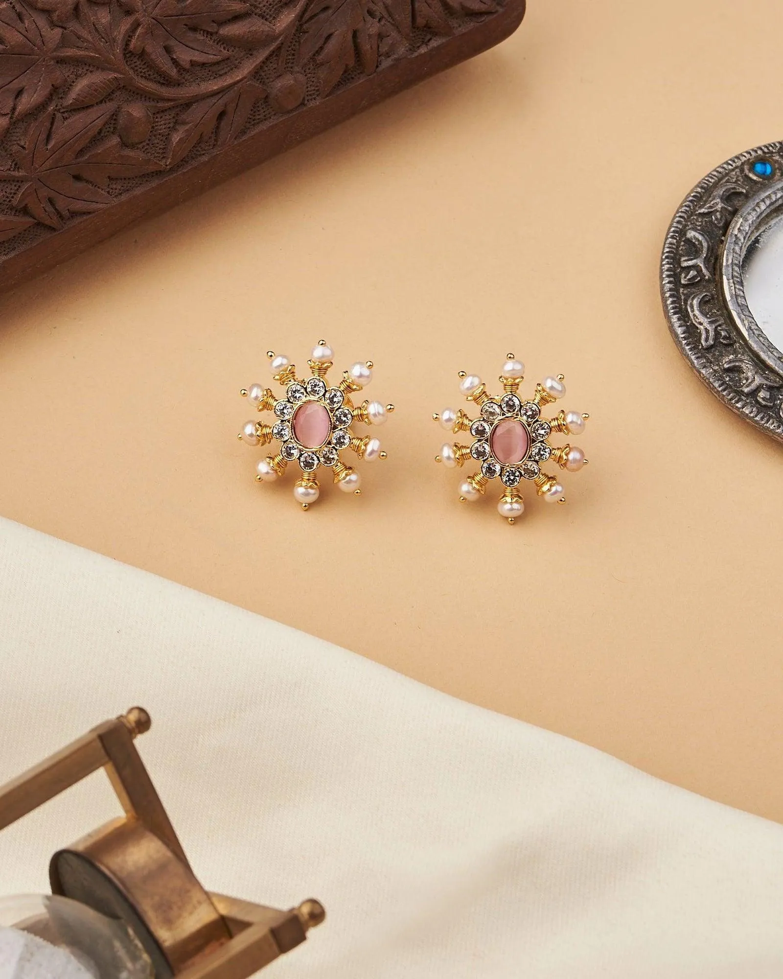 Pink White Sun Spokes Pearl Ear Studs
