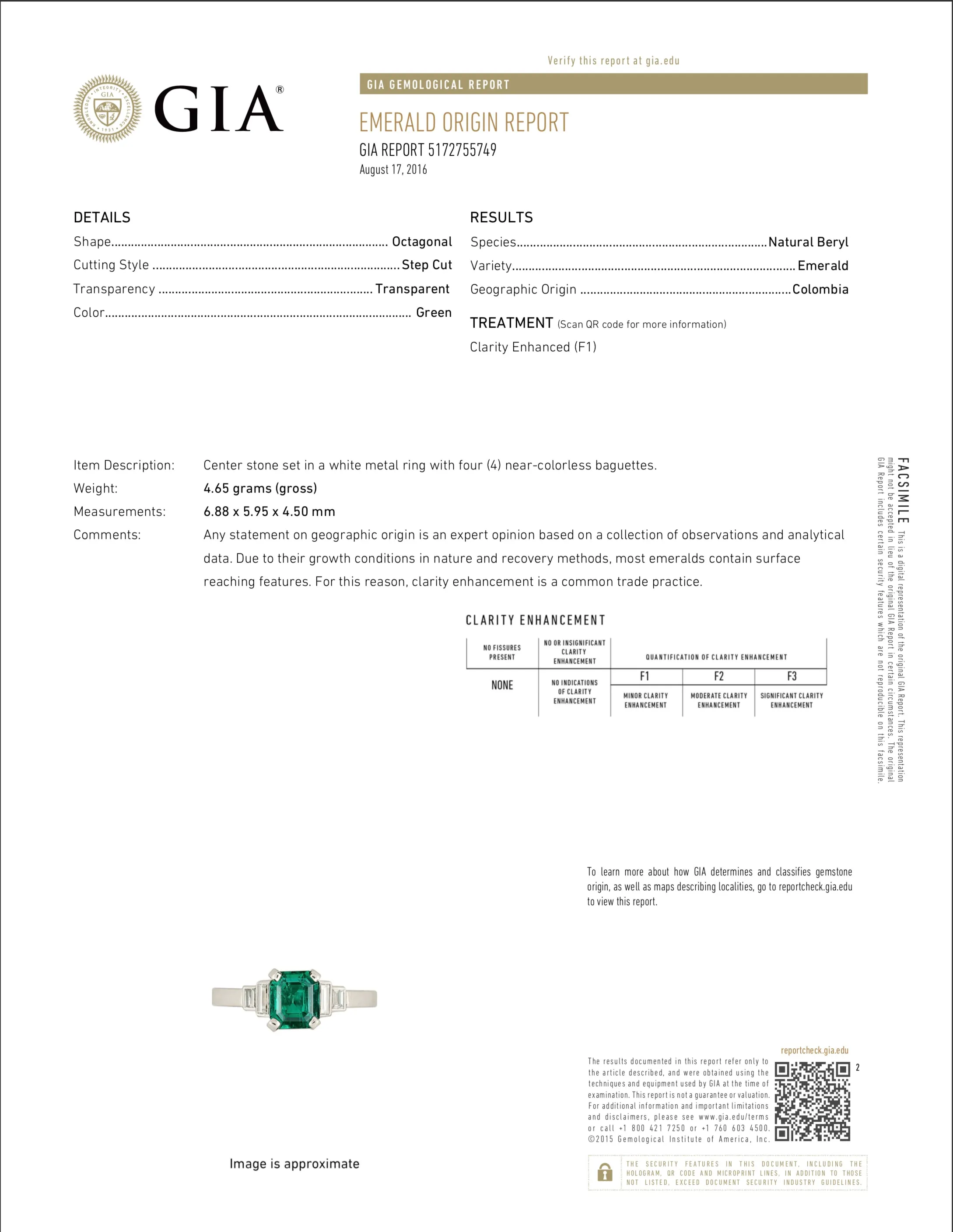 Platinum 1.28 Carat Colombian Emerald GIA Certified