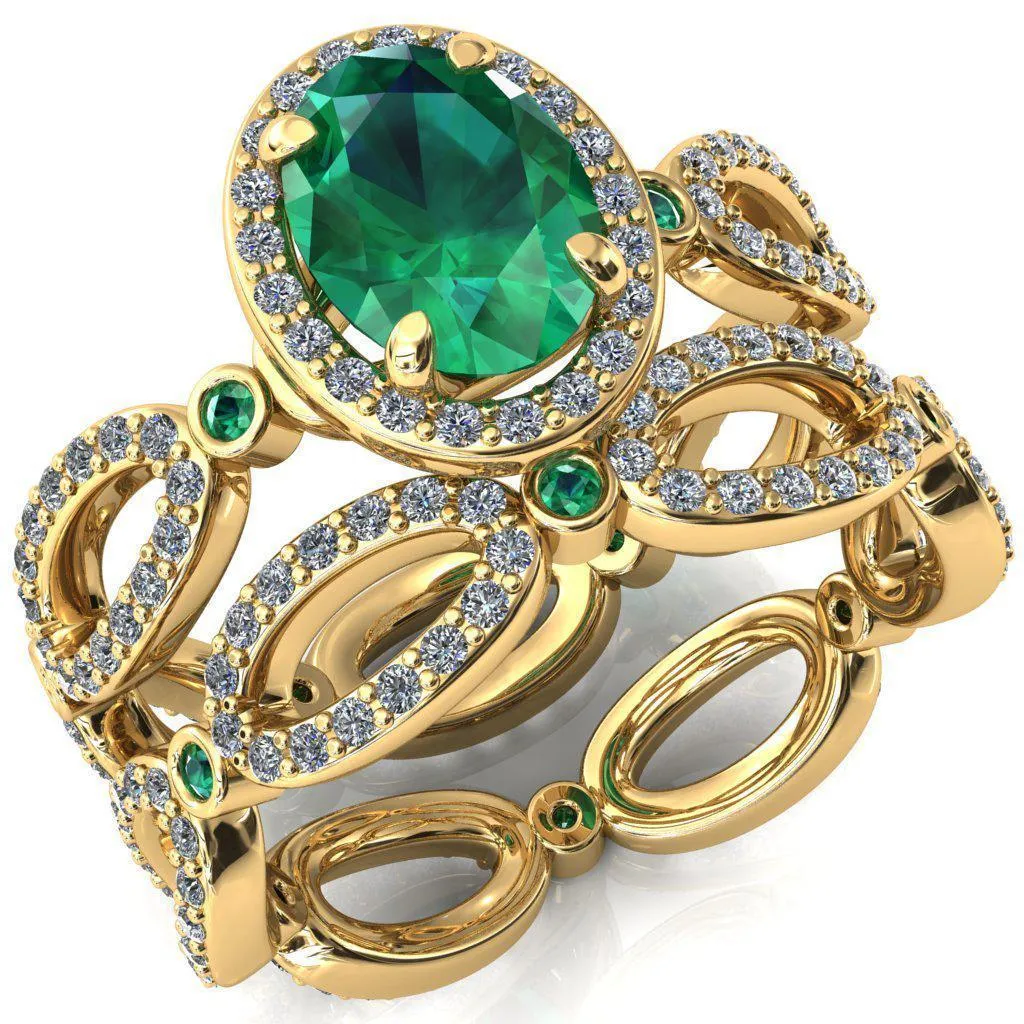 Polaris Oval Emerald Diamond Halo Full Eternity Emerald Bezel Diamond Accent Ring