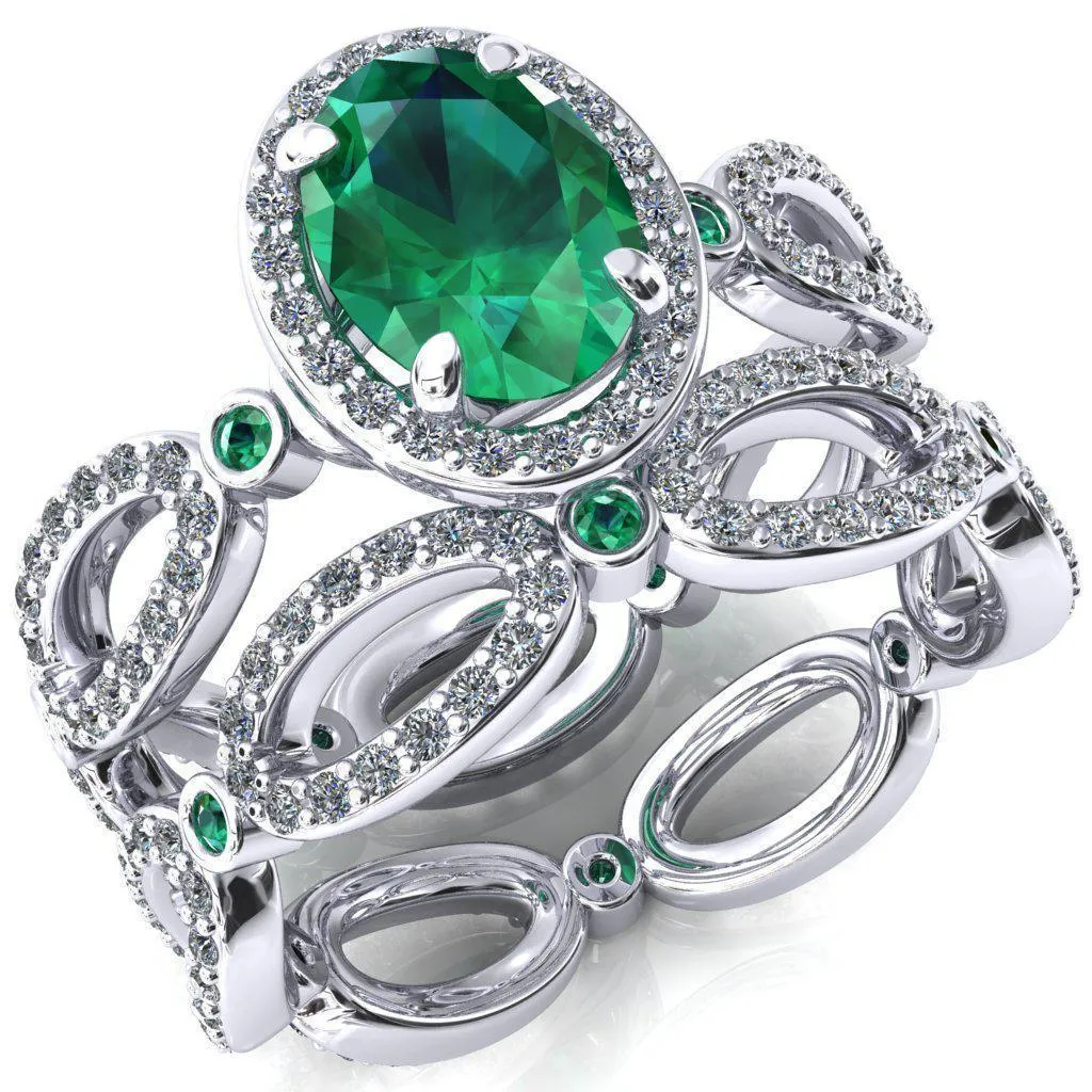 Polaris Oval Emerald Diamond Halo Full Eternity Emerald Bezel Diamond Accent Ring
