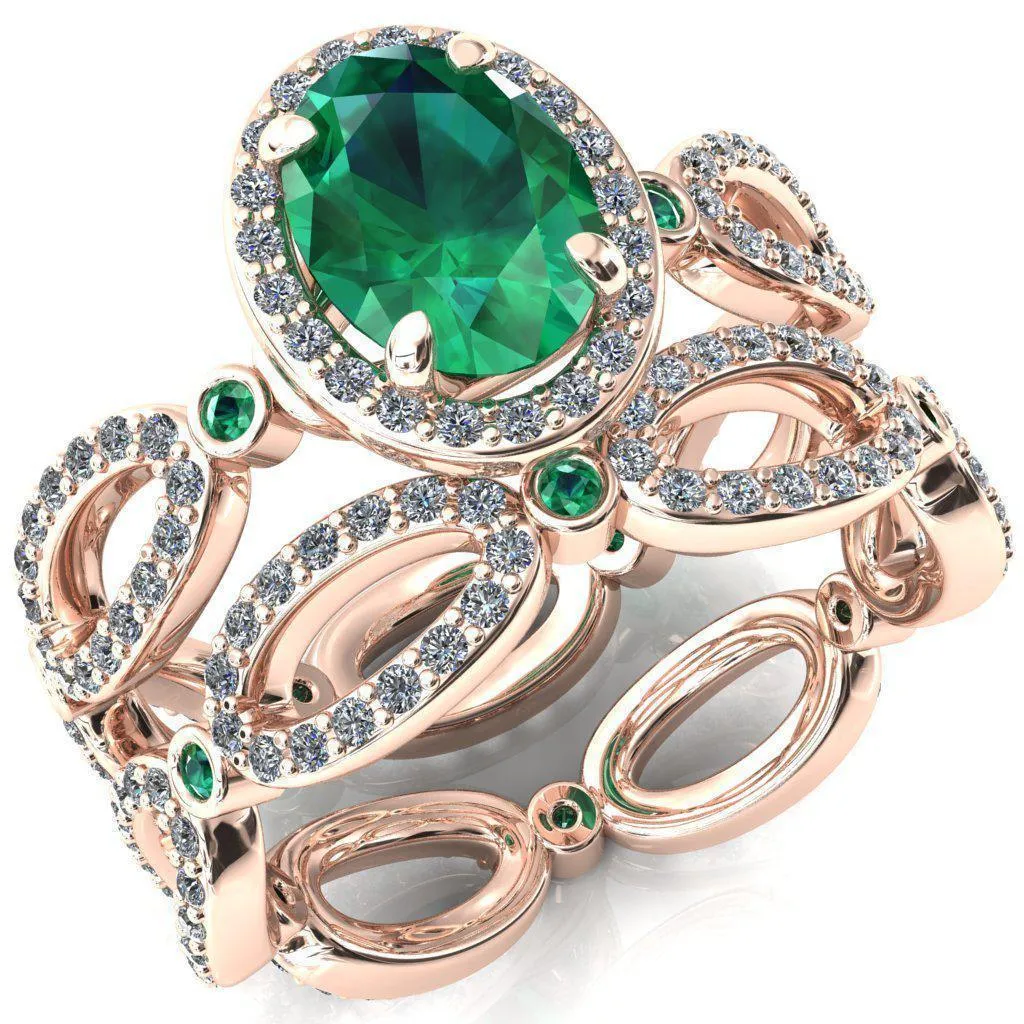 Polaris Oval Emerald Diamond Halo Full Eternity Emerald Bezel Diamond Accent Ring