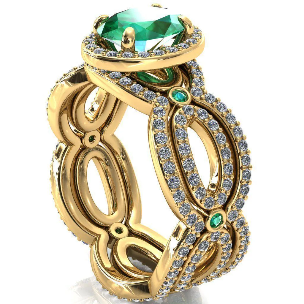 Polaris Oval Emerald Diamond Halo Full Eternity Emerald Bezel Diamond Accent Ring