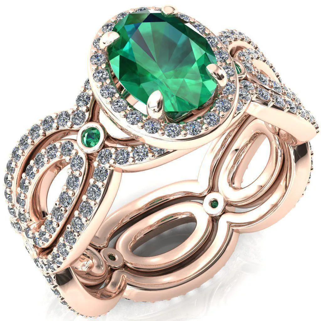 Polaris Oval Emerald Diamond Halo Full Eternity Emerald Bezel Diamond Accent Ring