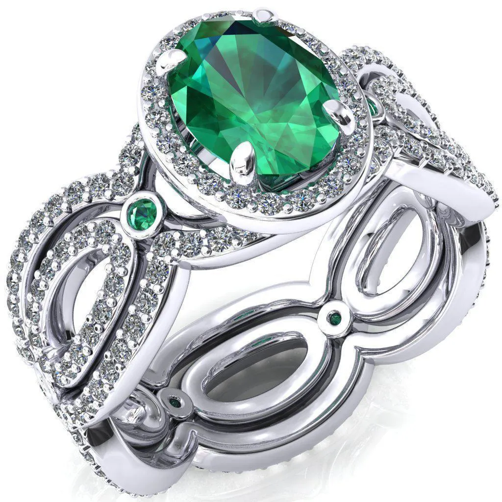 Polaris Oval Emerald Diamond Halo Full Eternity Emerald Bezel Diamond Accent Ring