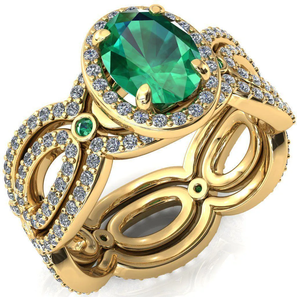 Polaris Oval Emerald Diamond Halo Full Eternity Emerald Bezel Diamond Accent Ring
