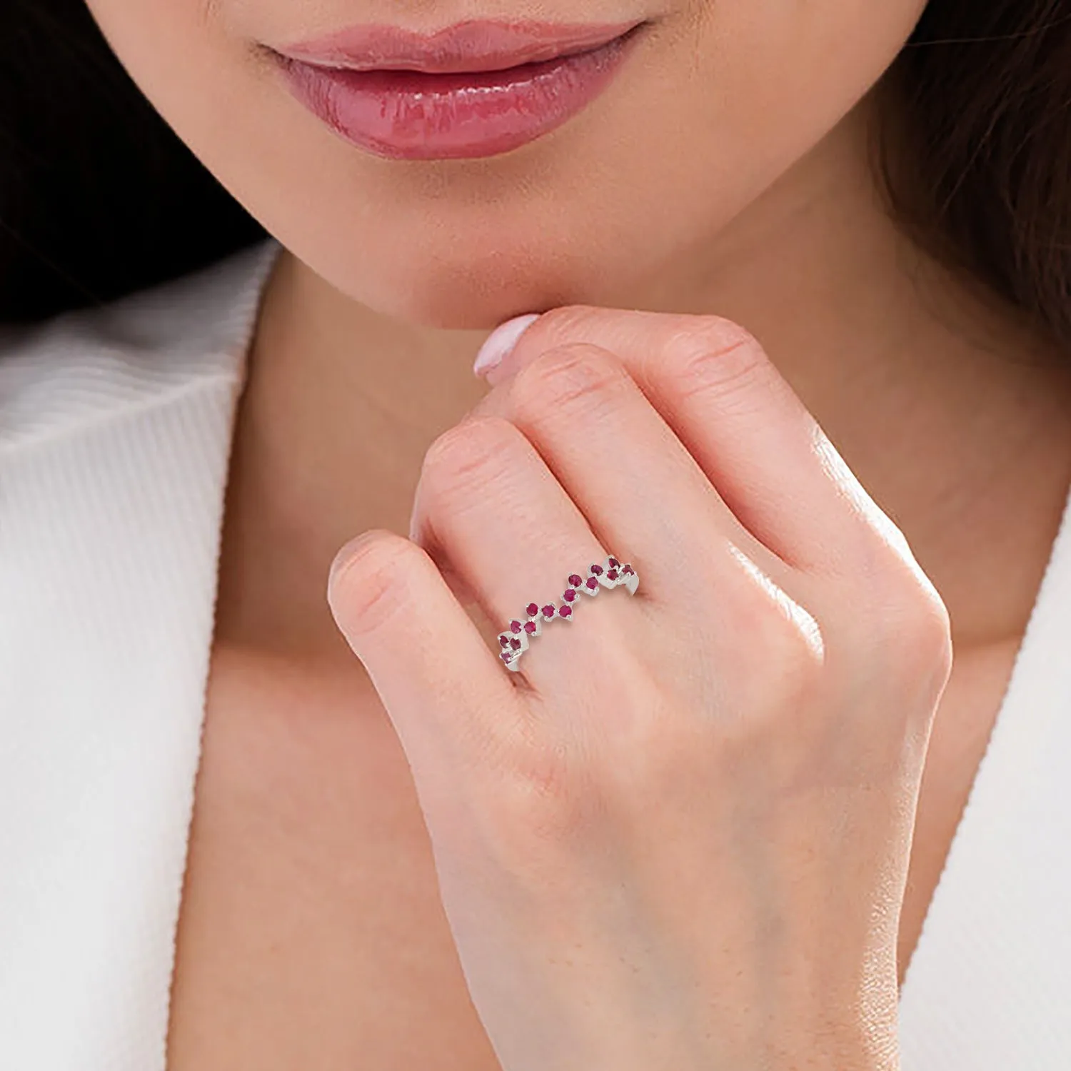 Prong Set Ruby Gemstone Designer Ring In 10K White Gold