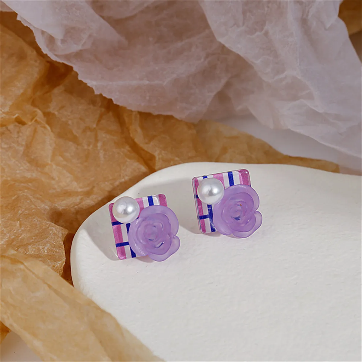 Purple Resin & Pearl Silver-Plated Flower Square Stud Earrings