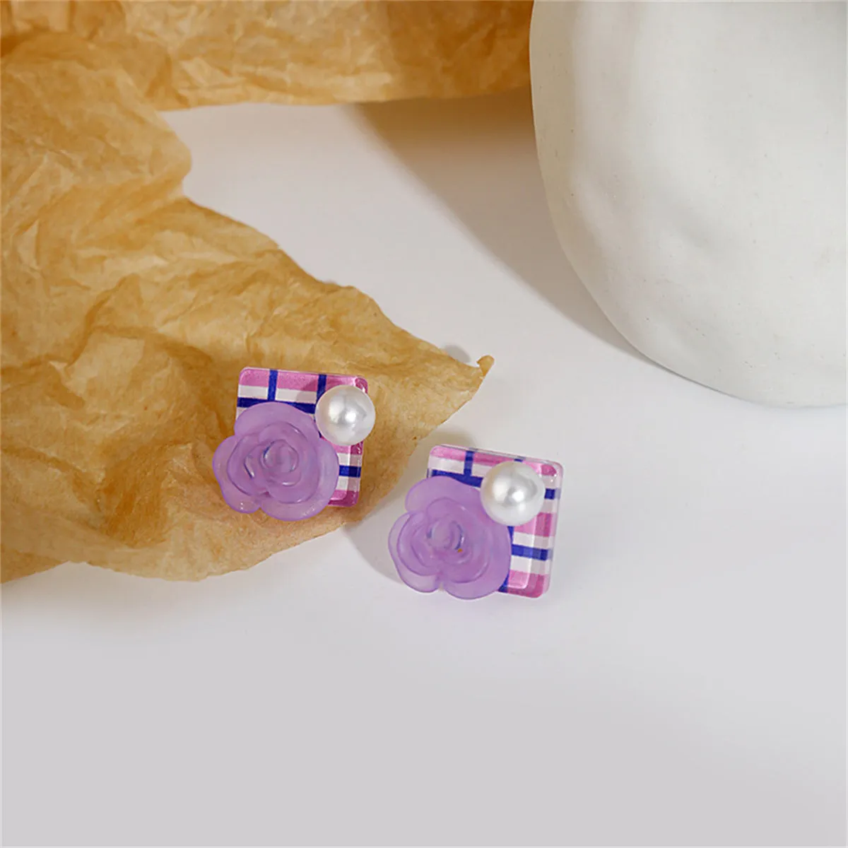 Purple Resin & Pearl Silver-Plated Flower Square Stud Earrings