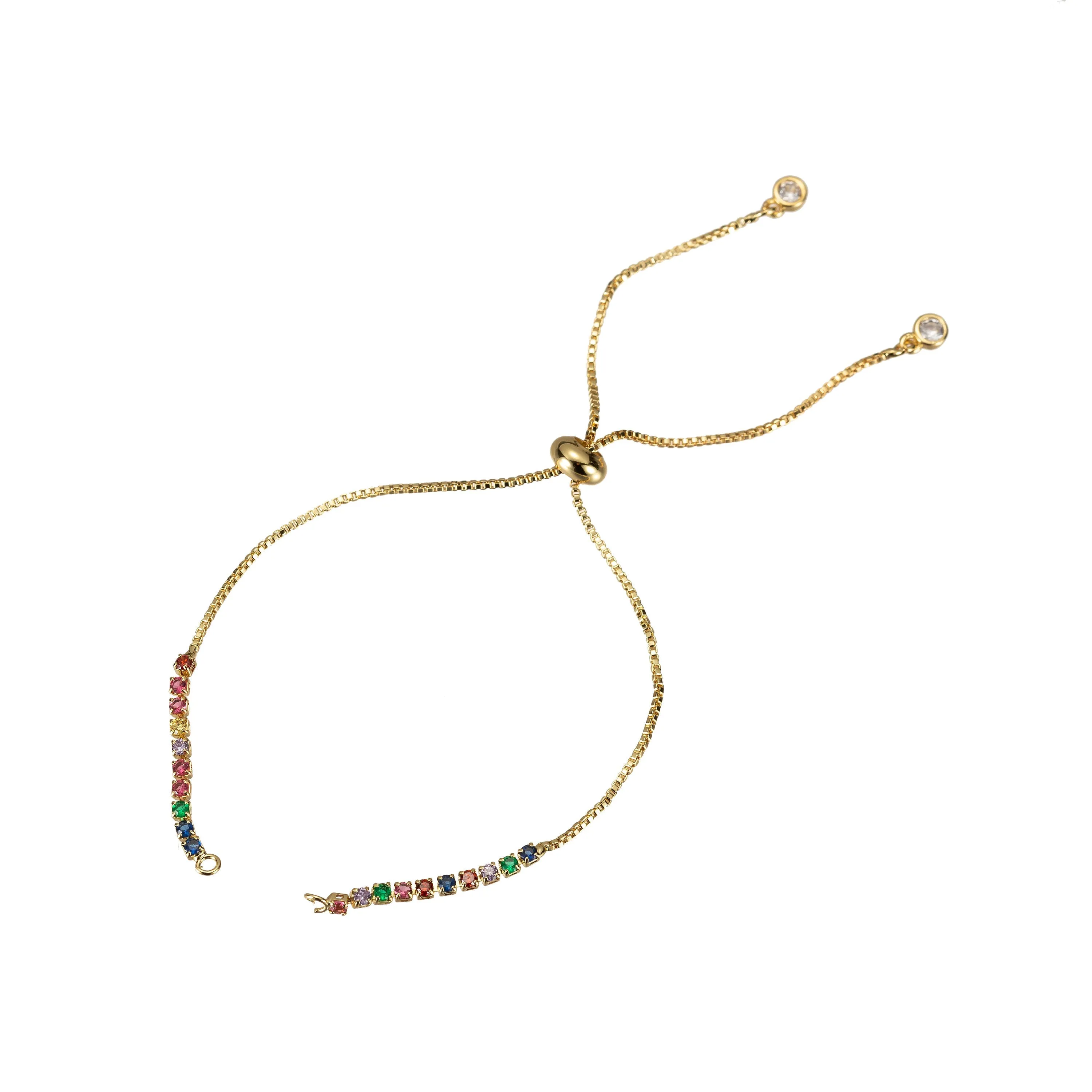 Rainbow Color CZ Adjustable Gold Filled bracelet Half semi finished with rubber stopper bolo bracelets Tennis bracelet Box Chain Wholesale K-508 - K-510 K-754