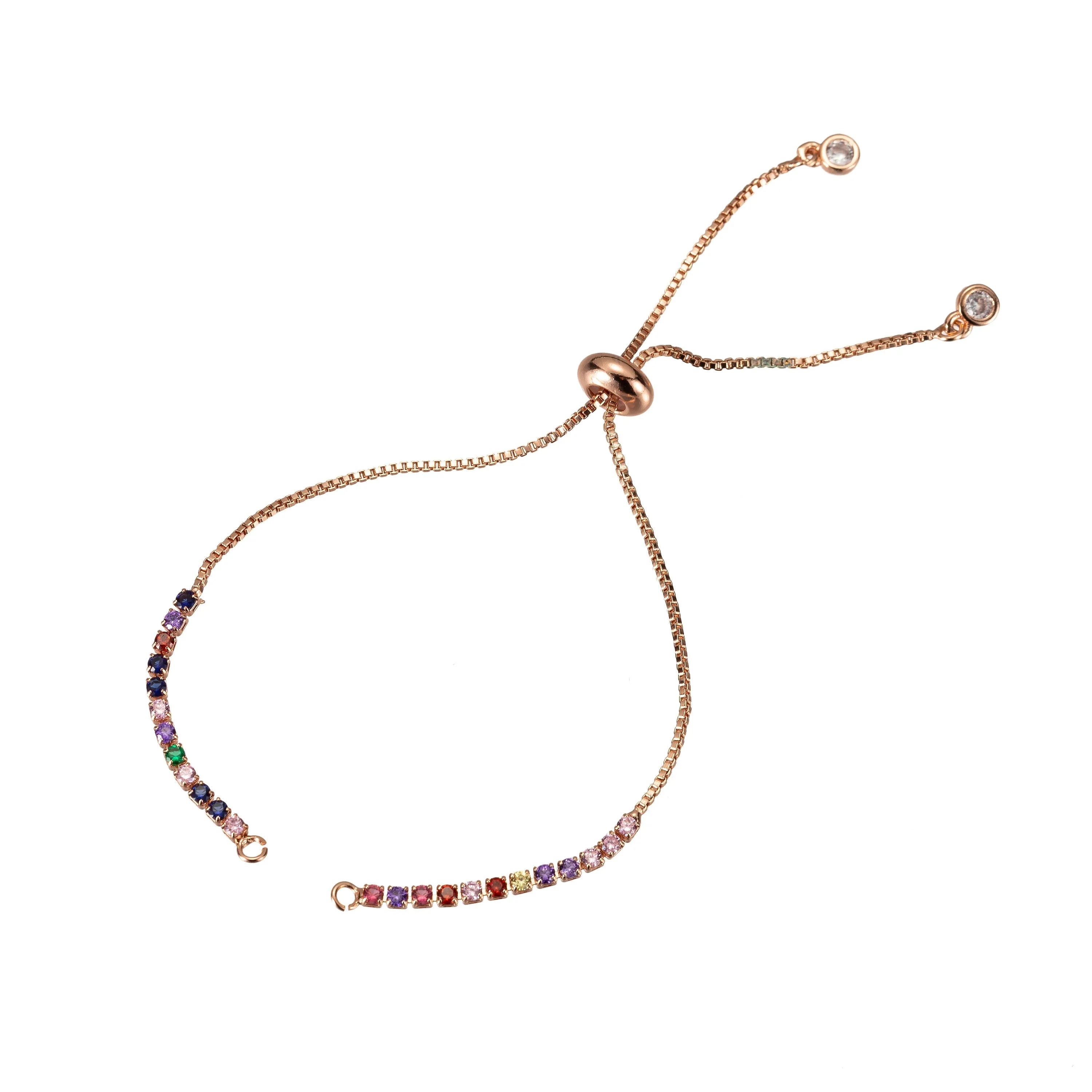 Rainbow Color CZ Adjustable Gold Filled bracelet Half semi finished with rubber stopper bolo bracelets Tennis bracelet Box Chain Wholesale K-508 - K-510 K-754