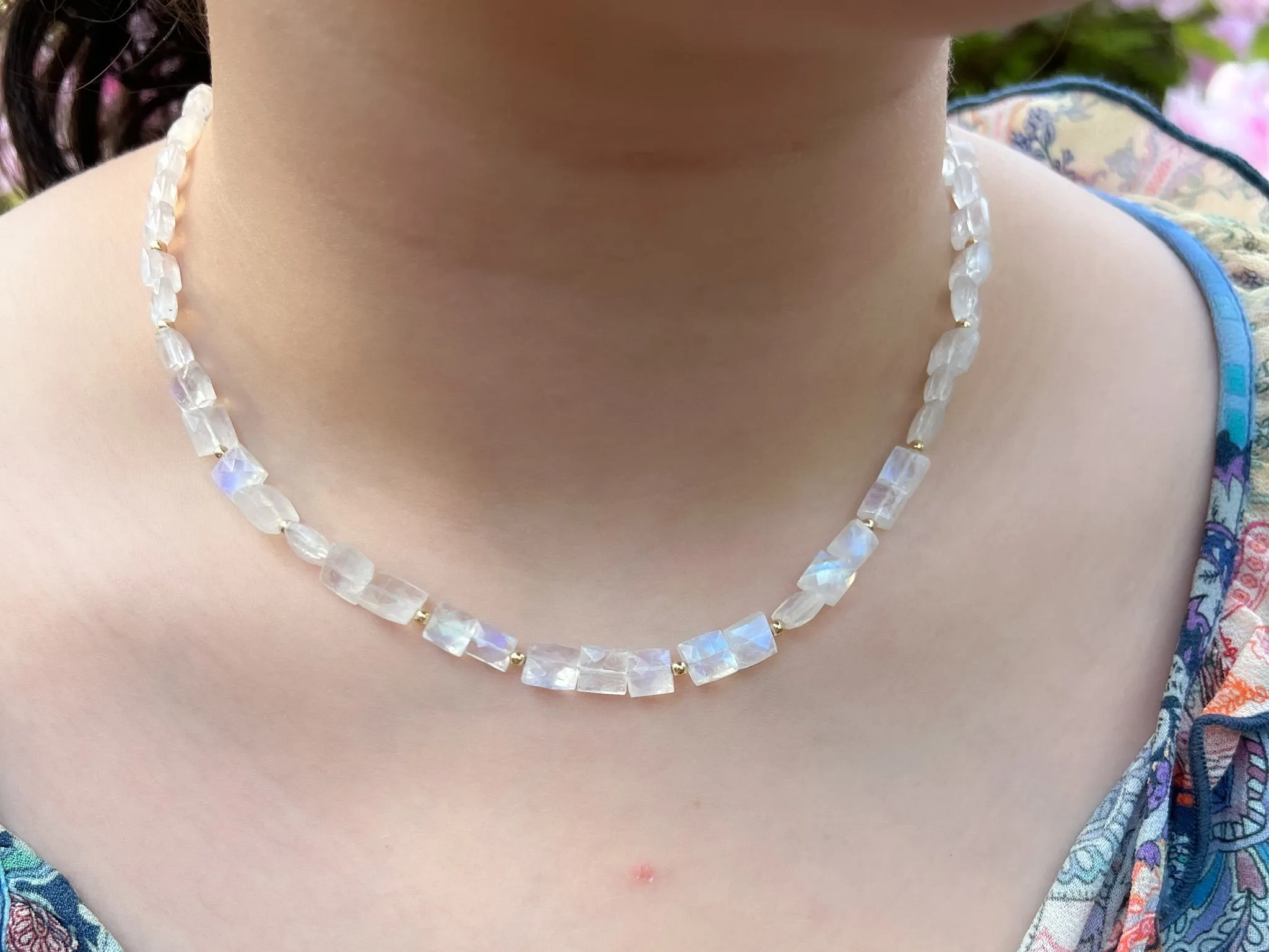 Rainbow Moonstone Rectangles Necklace with Gold Bead Accents