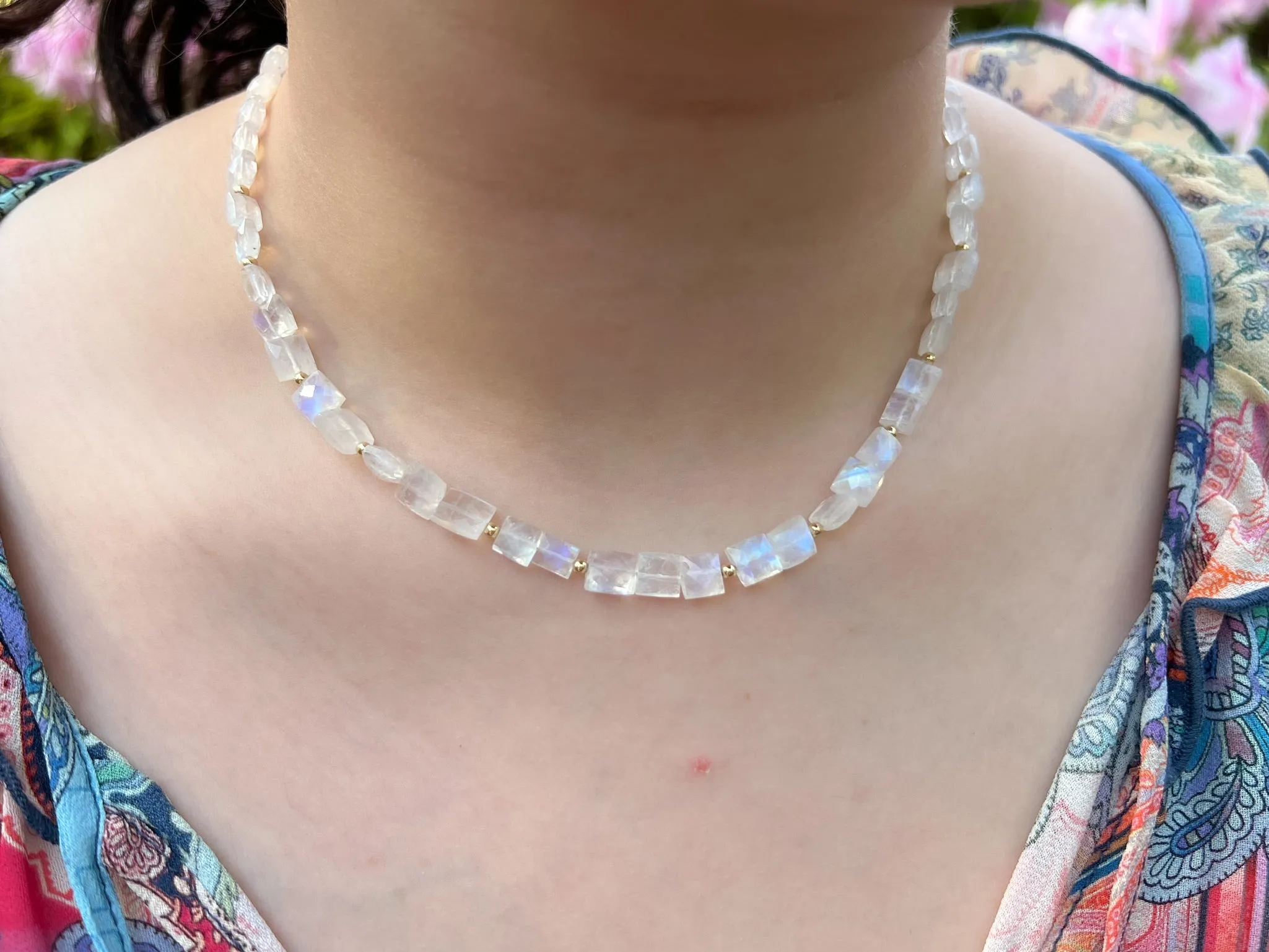 Rainbow Moonstone Rectangles Necklace with Gold Bead Accents