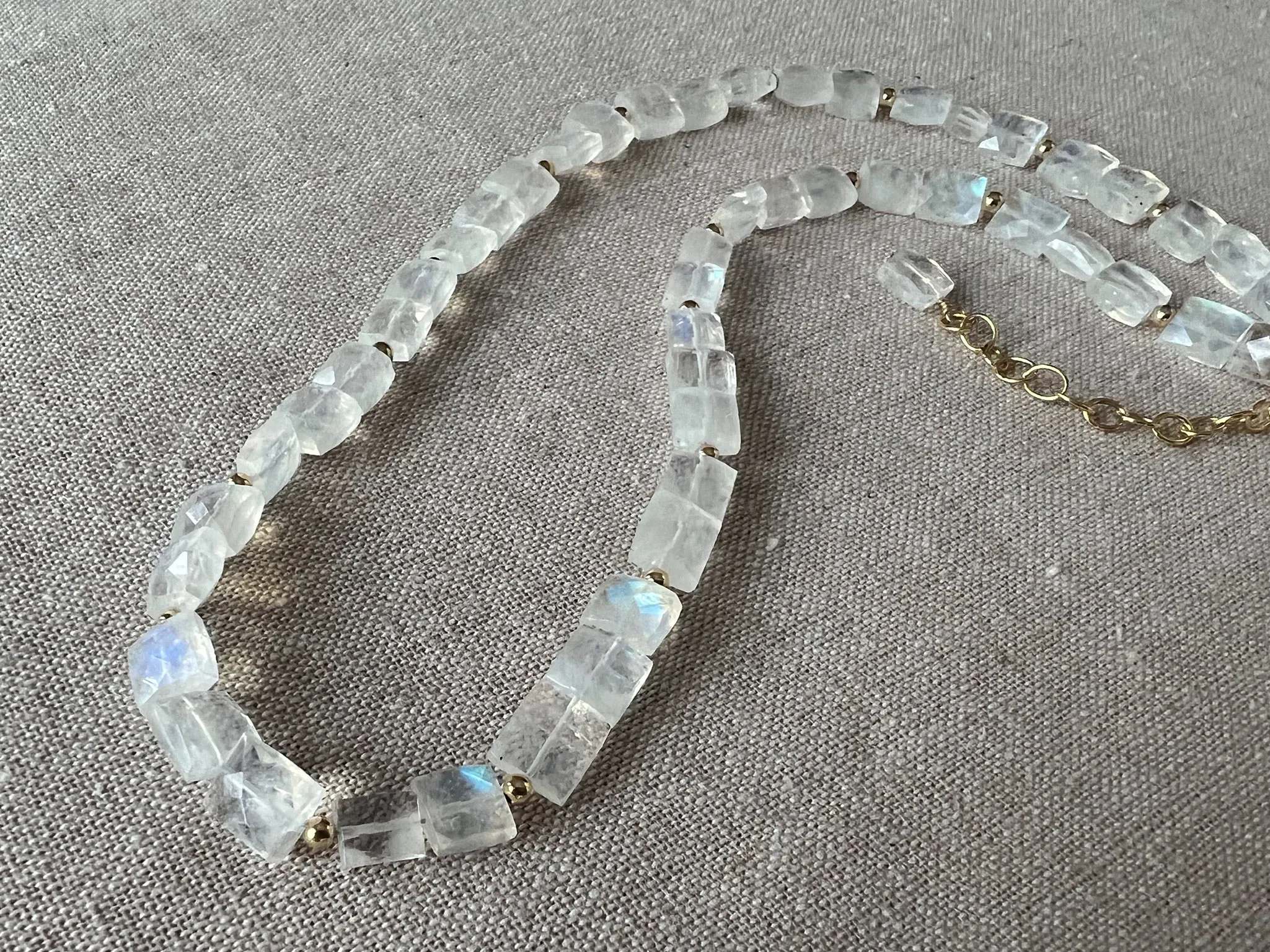 Rainbow Moonstone Rectangles Necklace with Gold Bead Accents