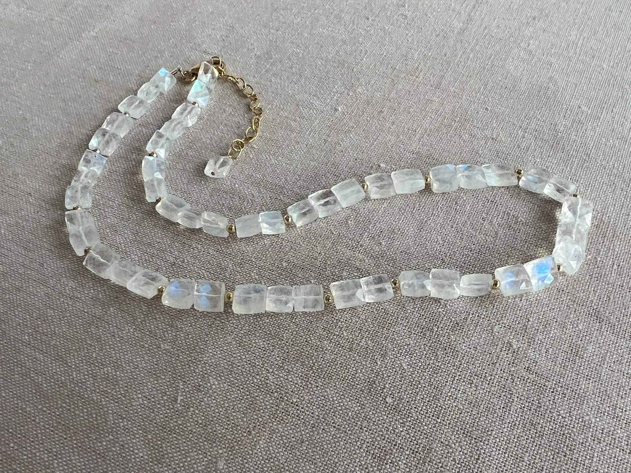 Rainbow Moonstone Rectangles Necklace with Gold Bead Accents