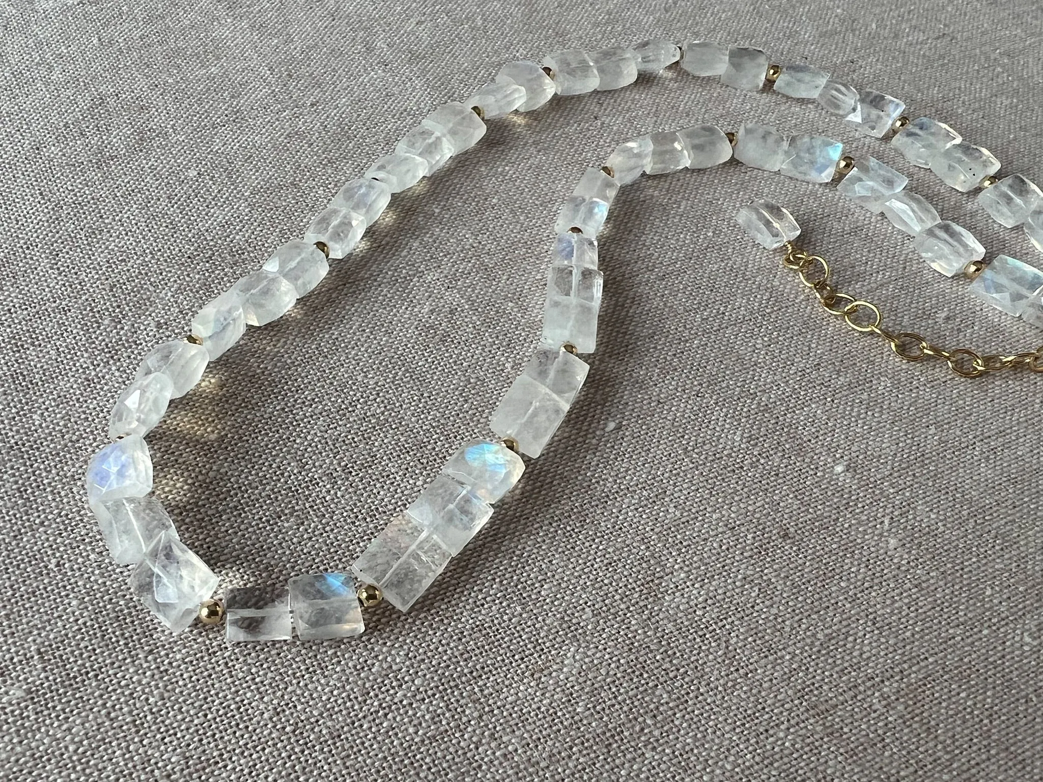 Rainbow Moonstone Rectangles Necklace with Gold Bead Accents