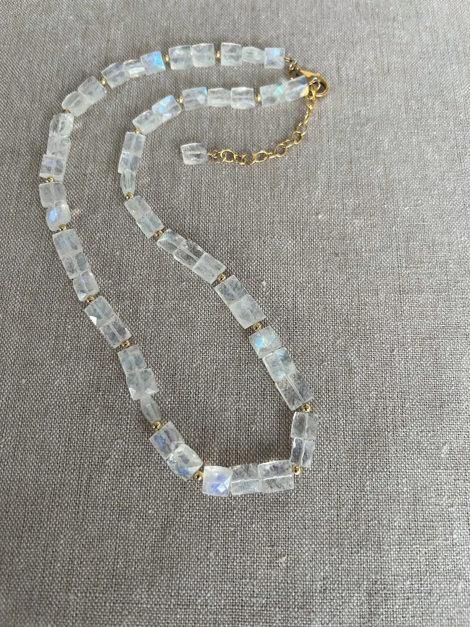 Rainbow Moonstone Rectangles Necklace with Gold Bead Accents