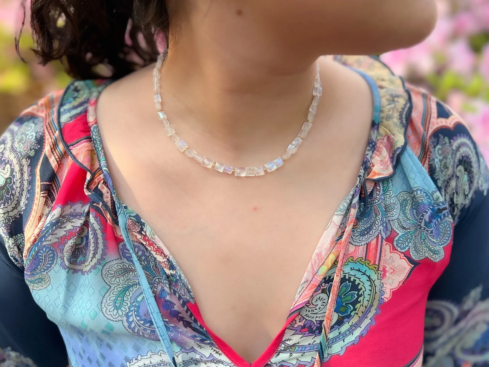 Rainbow Moonstone Rectangles Necklace with Gold Bead Accents