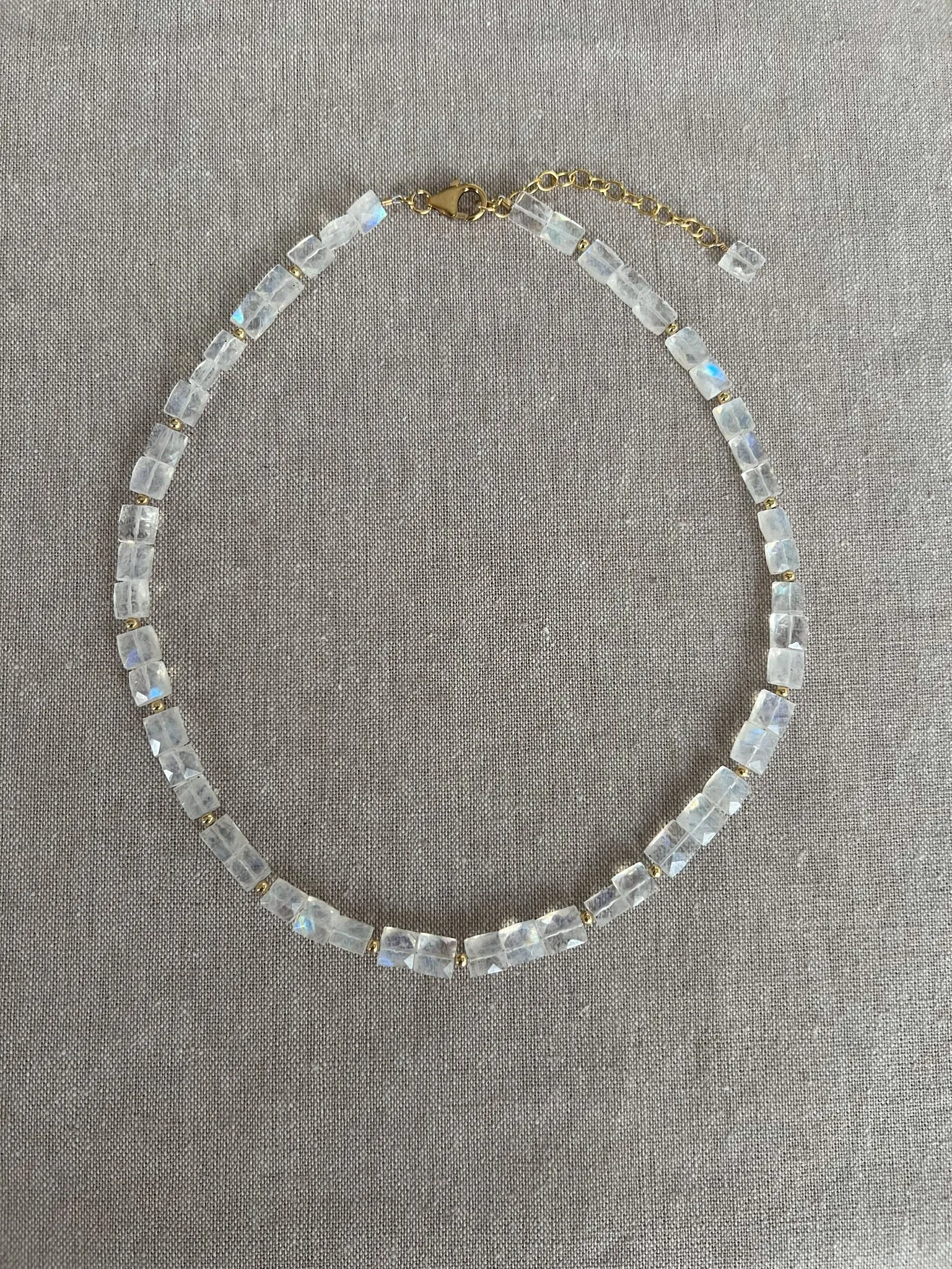 Rainbow Moonstone Rectangles Necklace with Gold Bead Accents
