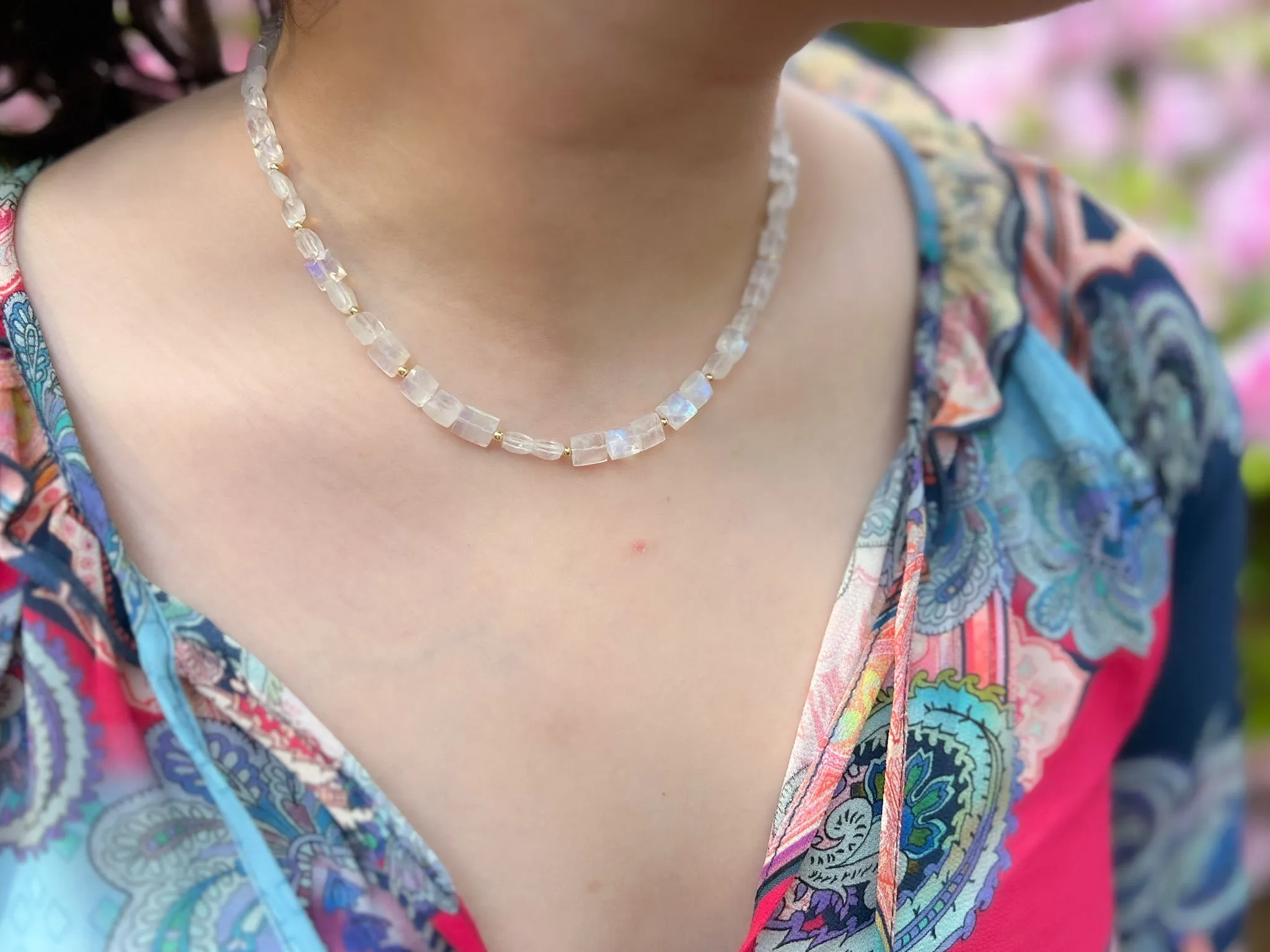 Rainbow Moonstone Rectangles Necklace with Gold Bead Accents