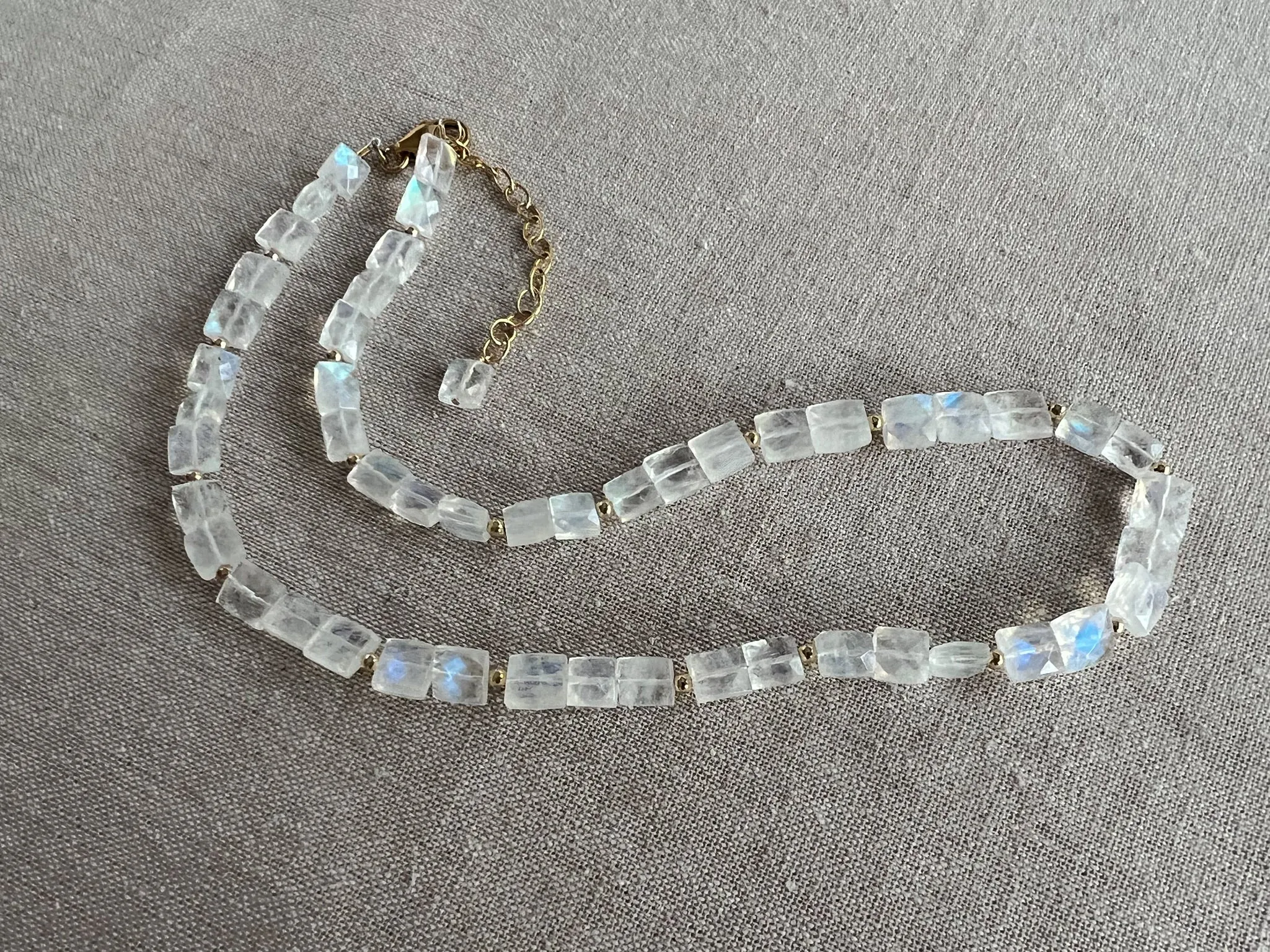 Rainbow Moonstone Rectangles Necklace with Gold Bead Accents